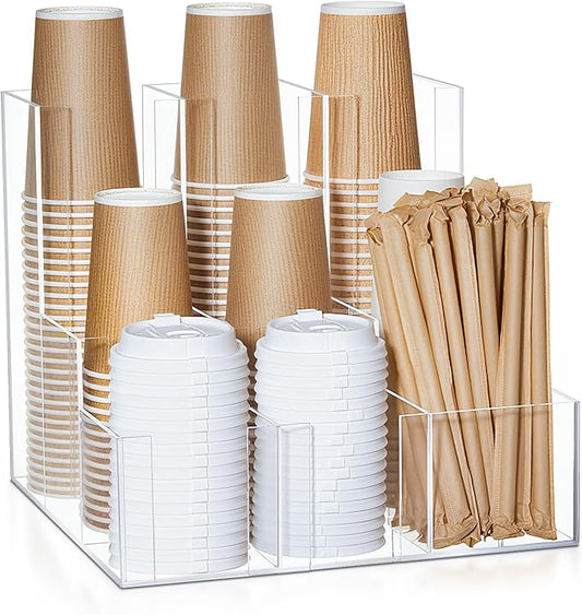 Acrylic Vertical Coffee Cup and Lid Dispenser, Coffee Condiment Organizer, 9 Compartment for Disposable Paper & Plastic Cup, for Cabinet Station Home Countertop Bar 13''l x 13''w x 12''h