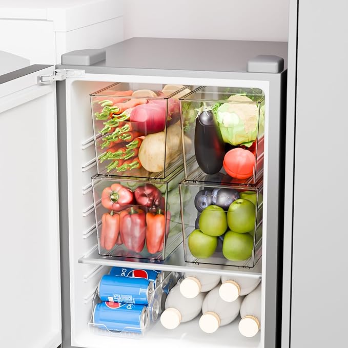 Yieach 4 Pack Stackable Clear Storage Bins with Lids,Large Pantry Bins Organization and Refrigerator Organizer with Handle,BPA FREE Kitchen Storage Containers and Cabinet bins for Organizing Snack,Toy