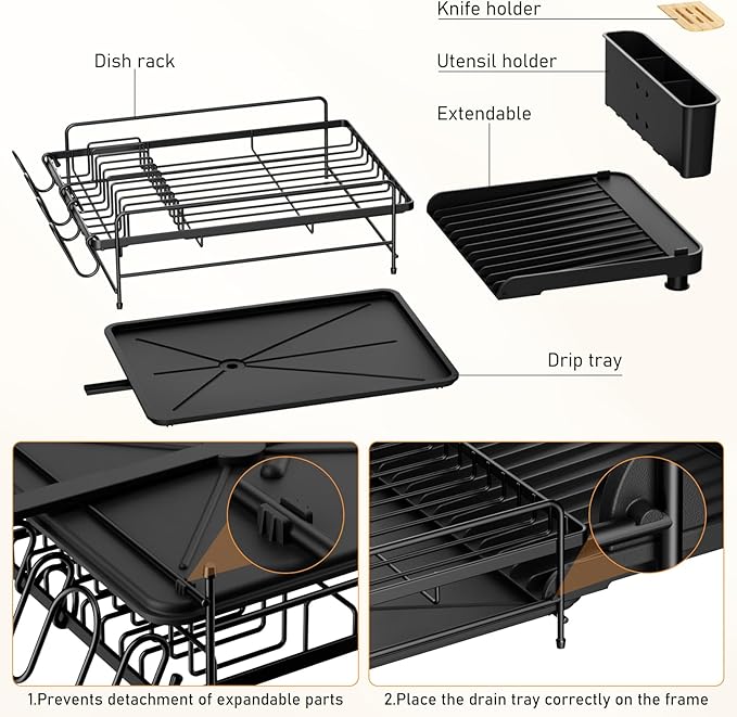 PXYHMUS Large Dish Drying Rack, Multifunctional Dish Rack for Kitchen Counter, Expandable Dish Drainers with Drainboard Utensil Holder, Cup Holder, Black