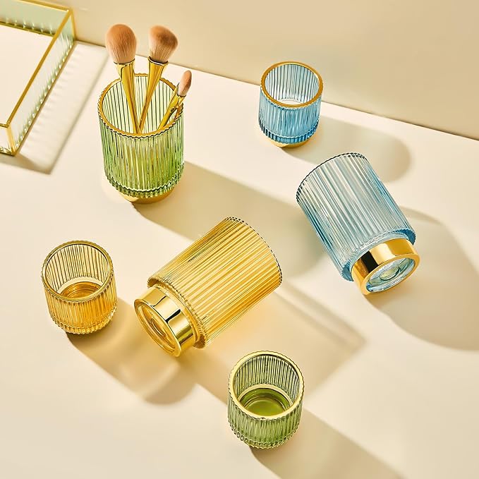 LEICURACE Makeup Brush Holder Organizer,Toothbrush Holders,Desk Pen Pencil Holder,Multifunctional Vintage Glass Brush Cup（S+L/Gold/A3-2-US）