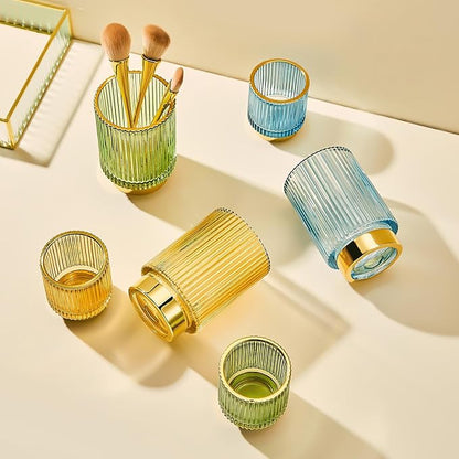 LEICURACE Makeup Brush Holder Organizer,Toothbrush Holders,Desk Pen Pencil Holder,Multifunctional Vintage Glass Brush Cup（S+L/Gold/A3-2-US）