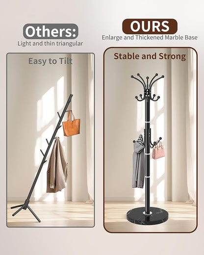 Metal Coat Rack Stand with Natural Marble Base, Modern Coat Rack Freestanding, 360°Rotary Coat Racks with 14 Hooks, Black Coat Stand Hall Tree Hanger Stand for Entryway, Office，Corner