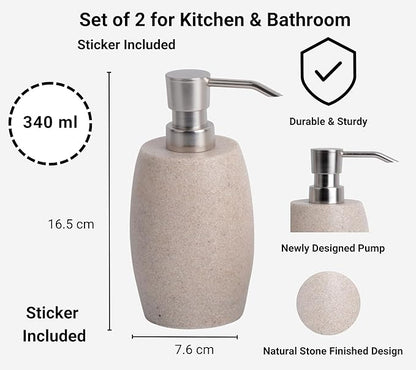 Clasin Home Sandstone Textured Resin Soap Dispenser with Metallic Pump and Waterproof Bottle Labels for Bathroom Kitchen Dish Hand Wash Shower Lotion Shampoo, 12 Oz, 2 Sets Beige