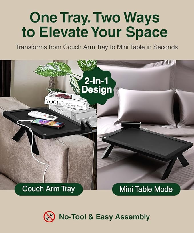 Black Bamboo Couch Armrest Table – Fits Sofa Arms up to 8.8" Wide, 2-in-1 Adjustable Couch Arm Tray with 360° Rotating Phone Holder, Wire Holder & Non-Slip Mat – Sofa Tray for Snacks & Drinks