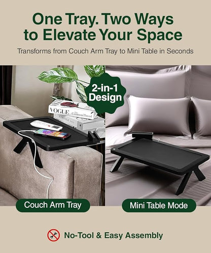 Black Bamboo Couch Armrest Table – Fits Sofa Arms up to 8.8" Wide, 2-in-1 Adjustable Couch Arm Tray with 360° Rotating Phone Holder, Wire Holder & Non-Slip Mat – Sofa Tray for Snacks & Drinks
