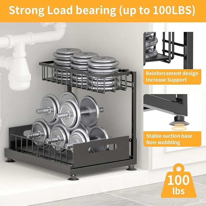 Under Sink Organizer Storage 2-Tier Premium Metal Pull-Out Racks, Height Adjustable, Heavy Dut and Easy Installation for Kitchen & Bathroom Organizers 2 Pack