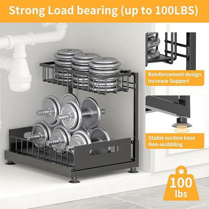Under Sink Organizer Storage 2-Tier Premium Metal Pull-Out Racks, Height Adjustable, Heavy Dut and Easy Installation for Kitchen & Bathroom Organizers 2 Pack