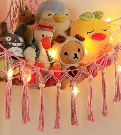 Stuffed Animal Toy Storage Hammock with LED Light - Macrame Jumbo Doll Corner Stuff Animals Organizer Decorations - Cute Hanging Plushie Net Kids Baby Nursery Bedroom Room Decor