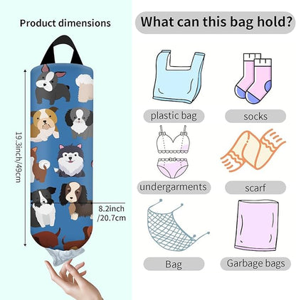 Plastic Bag Holder, Wall Mount Grocery Bag Organizer, Funny Hanging Trash Storage Dispenser for Home Kitchen Cute Blue Dog