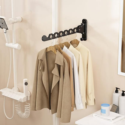 Wall Mounted Clothes Hanger Rack Folding Wall Mounted Clothes Hanger for Laundry with Swing Arm Space Saving Closet Storage Organizer Heavy Duty Coat Hook for Bathroom Bedroom Black 2-Pack