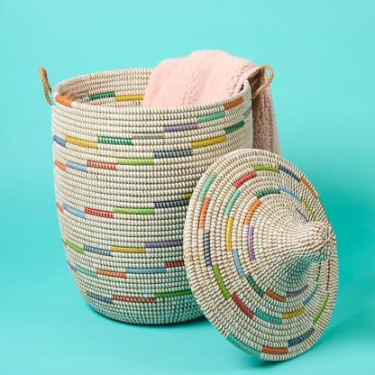 Medium Colorful White Basket for Decor, Organizing, Storage - Living Room Blankets, Nursery Toys, Laundry, Towels, Pillows, Comforter, Cushions - Wicker, Woven, Round, Lid, Handles