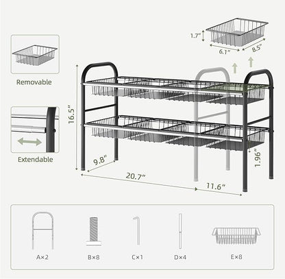 NETEL Under Sink Organizers and Storage, 2 Tier Expandable Under Cabinet Organizer Shelf with 8 Baskets, Expandable Shelf for Cupboard, Kitchen, Bathroom, Shoe Storage Rack