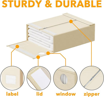 SpaceAid 4 Pack Bed Sheet Organizers and Storage, Foldable Sheet Organizer for Linen Closet, Sheets Set Folder Keeper with Window XL (Queen & King Size) Organizing Bedding Container, Beige