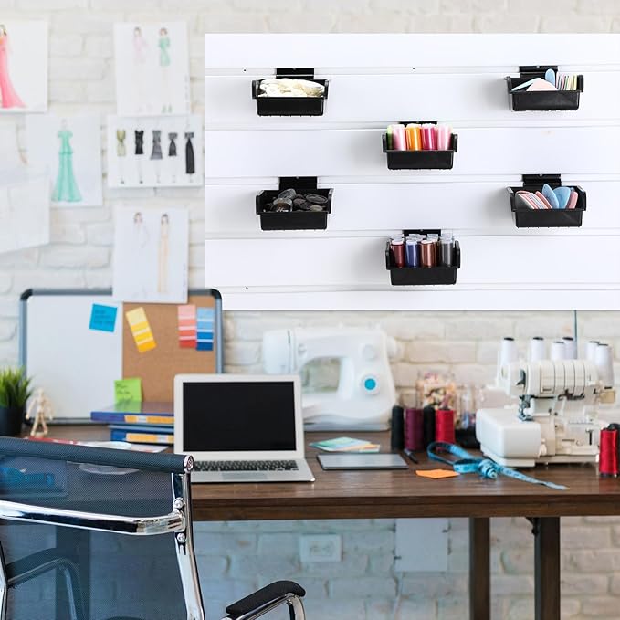 6 Pcs Slatwall Bins with Hooks Set, 4.1 x 4.1 x 1.89 Inch Slatwall Containers Wall Mounted Storage Bins for Organizing Accessories Tools Storage Office Workshop Garage Workbench (Black)