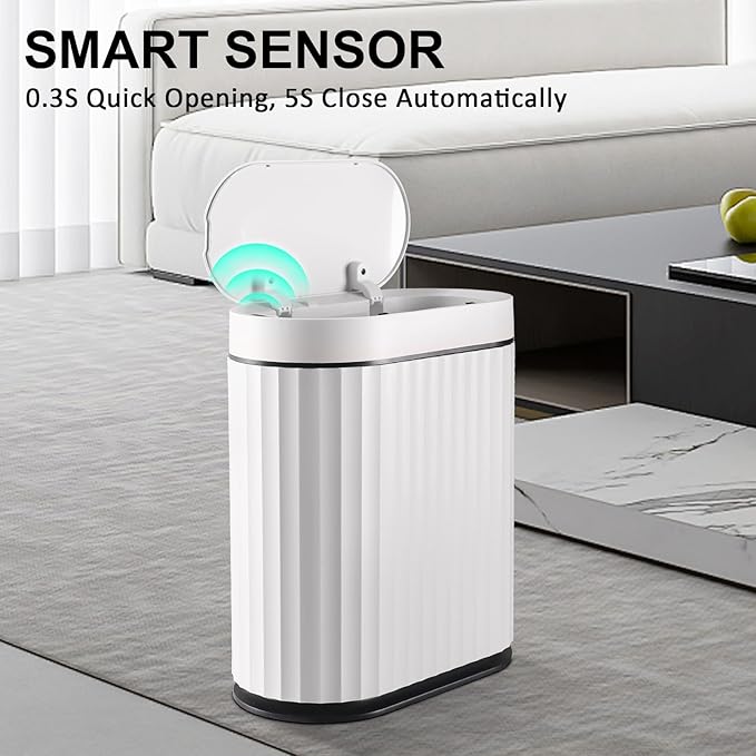 ELPHECO Bathroom Trash Can with Lid 2 Gallon Small Sensor Garbage Can, Slim Smart Trash Bin, Waterproof Automatic Wastebasket, Narrow Plastic Garbage Bin for Bathroom, Black and White