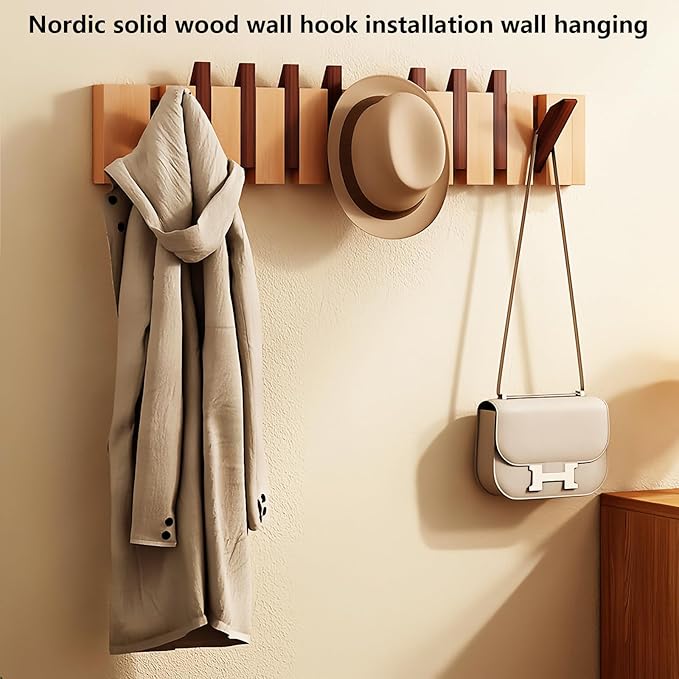 Wall Mounted Coat RackHooks Piano Key Hangers Natural Solid Wood Hanger Non-Woven Fabric Clothes Hangers for Closet, Kitchen, Bedroom, Bathroom, Entryway (Walnut-Beech, 4 Hooks)