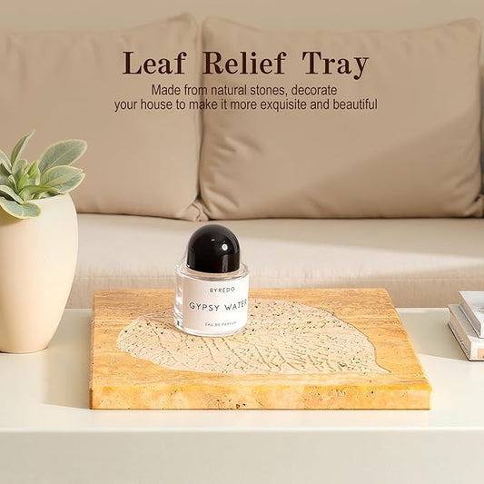 Marble Leaf Embossed Tray, Natural Golden Travertine Vanity Decorative Marble Tray for Bathroom, Jewelry, Kitchen and Desktop, Decorative Stone Pallet for Cosmetics, Perfume and Home Decor