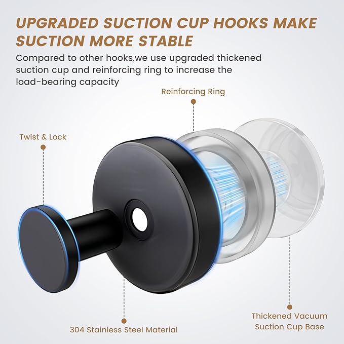 BKV Suction Cup Hooks for Glass Window,Removable Shower Hooks for Inside Shower,Metal Towel Hooks for Bathrooms,2 Pack(Black)