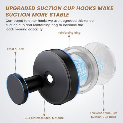 BKV Suction Cup Hooks for Glass Window,Removable Shower Hooks for Inside Shower,Metal Towel Hooks for Bathrooms,2 Pack(Black)