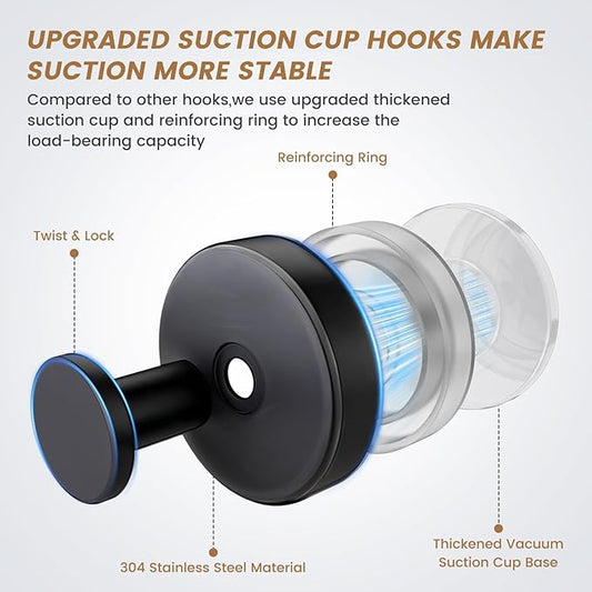 BKV Suction Cup Hooks for Glass Window,Removable Shower Hooks for Inside Shower,Metal Towel Hooks for Bathrooms,2 Pack(Black)