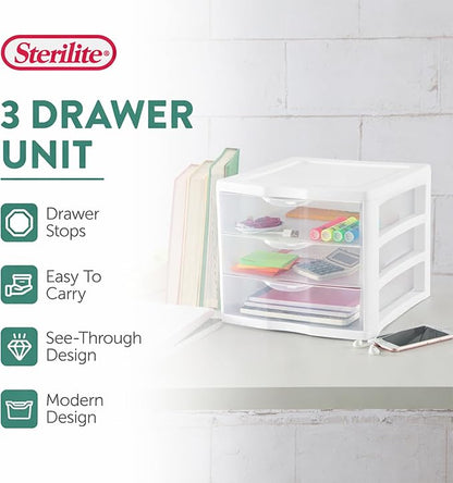 Sterilite 12-Pack ClearView 3-Drawer Cart, Small Plastic Storage Organizer Drawers, White - Organizing Drawer Containers for Bathroom, Closet, Kitchen, and Bedroom
