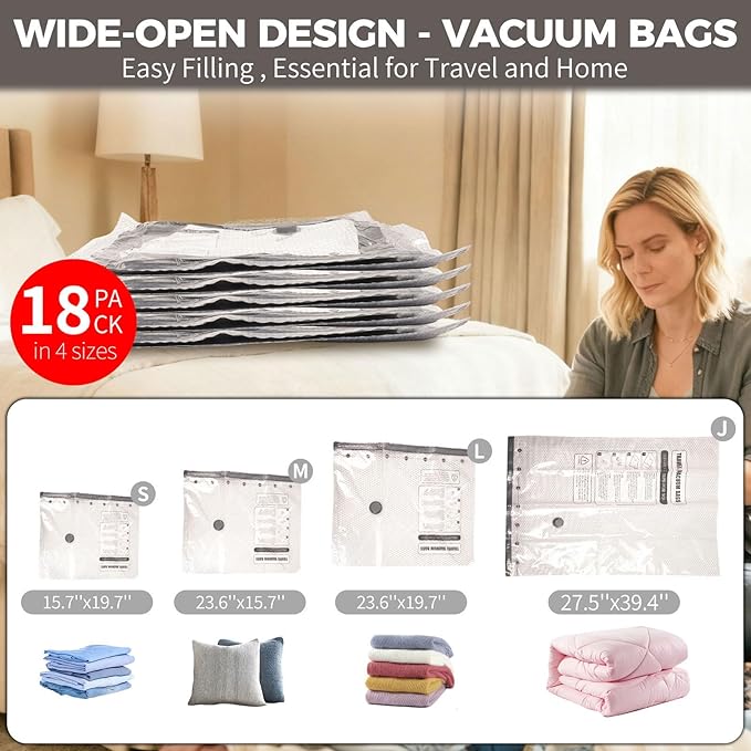 FIRRAX 18 Pack Travel Vacuum Storage Bags with Electric Pump, Vacuum Seal Space Saver Bags for Clothing (6J+3L+6M+3S), Compression Packing Bags for Clothes, Bedding,Travel & Organization