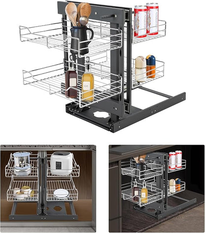 QIANMOON Kitchen Corner Cabinet Pull Out, Magic Corner Pull Out Open, 2 Tiers Swing Tray, Blind Corner Soft Close, for Place Pots and Pans, Containers, Spice Jars