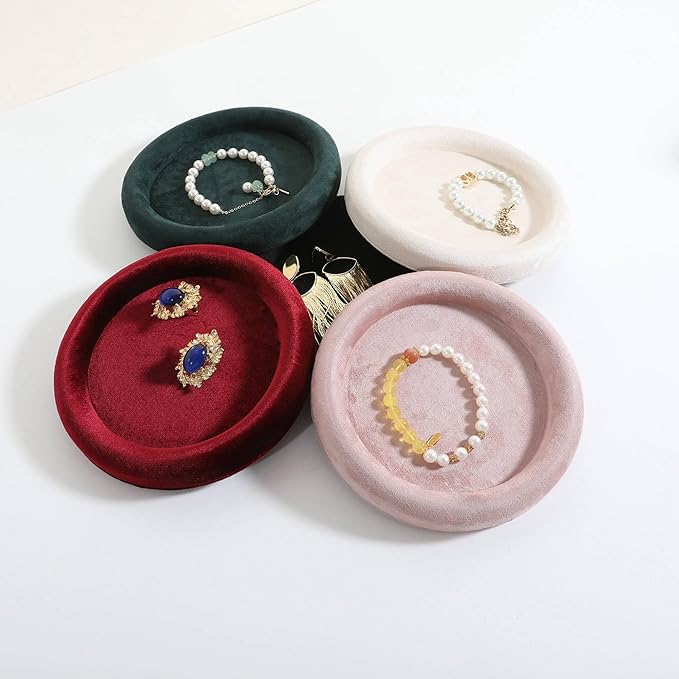 GemeShou Round Jewelry Organizer Plate, Top Microfiber Velvet Jewelry Display Tray, Empty Jewelry Showcase Tray for Necklaces, Bracelets, Rings, Earrings (Pink-Small, 5.9 x 5.9 in)