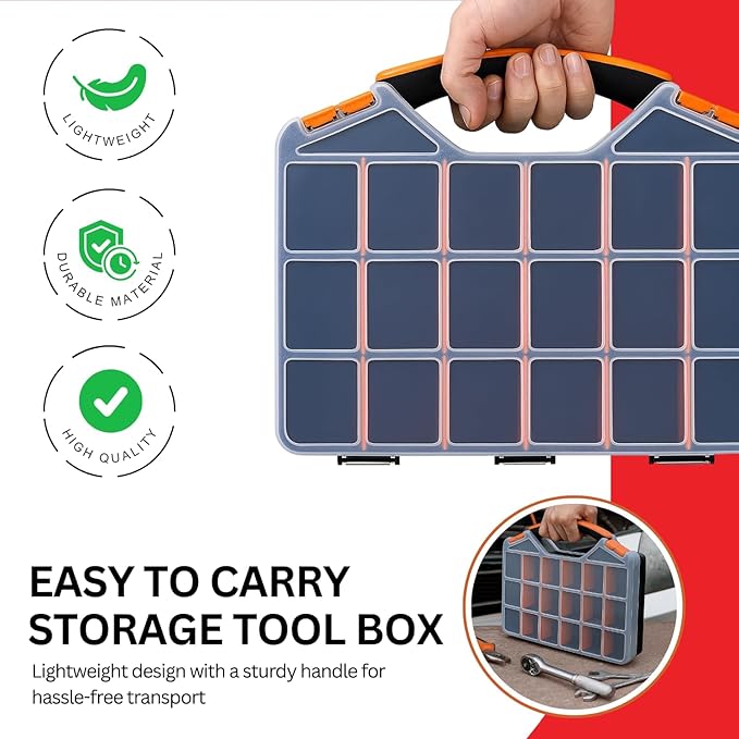 Andalus Tools Organizer Box, Small Parts Storage 18-Compartment Portable Hardware Organizer Removable Plastic Dividers for Screws, Nuts, Bolts, Nails – Orange (1 Pack, 12.75" x 10" x 1.75")