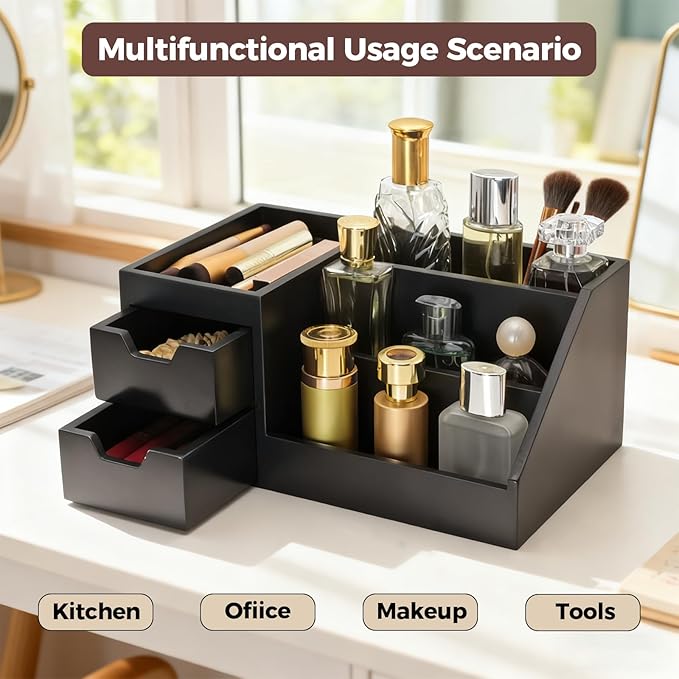 UUyuality Countertop Perfume & Makeup Organizer - Wooden Rack, Cologne Stand Shelves & Skincare Organizer for Bedroom Dresser, Organizador de Perfumes Estante para Perfumes (Middle, 01) (Black, 01)