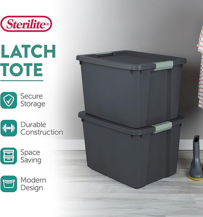 Sterilite 6 Pack 20 Gallon Latch Tote, Stackable Plastic Storage Bin Container, Gray/Green