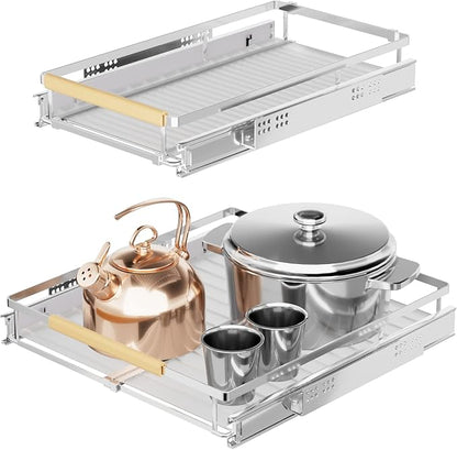 SANNO Expandable Pull Out Cabinet Organizer, Heavy Duty Under Sink Slide Out Cabinet Organizer, Pots Pans Kitchen Organizer Basket, Smooth Roll adjustable Sliding Drawer Expand to 12 to17.5, 2 Pack