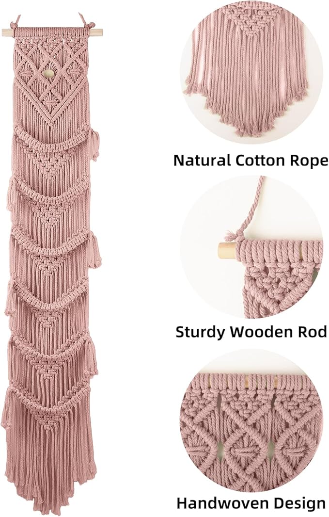 KaloKalo Macrame Cap Holder Boho Hat Hangers Over Door Decorative Bohemian Handmade Ball Cap Rack Organizer Woven Wall Hanging for Baseball Cap Display Decorations (Rose Pink, Up to 12 Caps)
