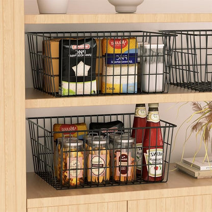SANNO Freezer Baskets Metal Storage Organizer Bin Basket Wire Storage Basket for Kitchen Pantry Bathroom Large Metal Farmhouse Food Fruit Produce Organizer Bins,black,2