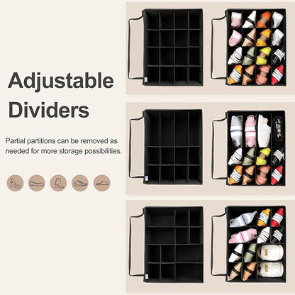 Shoe Organizer for Closet 2 Pack, Foldable Shoe Box with Adjustable Dividers and Clear Cover, Space Saving Shoe Storage Organizer Cabinet with Reinforced Handles, Fits 32 Pairs, Black TP12B