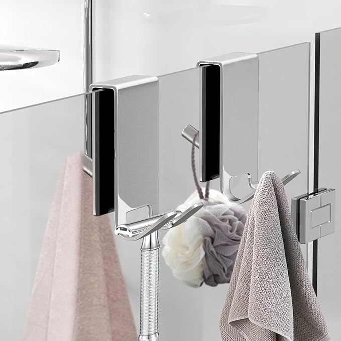 KITHOLD Shower Door Hook, Double-Sided Hook for Frameless Shower Doors (3.14 Inch), Heavy-Duty Stainless Steel Hook for Bathrobes and Towels, No Drilling or Adhesive Required, 2-Pack, Silver