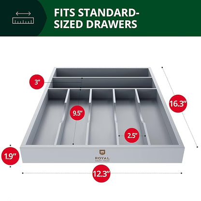 ROYAL CRAFT WOOD Luxury Bamboo Kitchen Drawer Organizer - Silverware Organizer - Utensil Holder and Cutlery Tray with Grooved Drawer Dividers for Flatware and Kitchen Utensils (7 Slot, Gray)