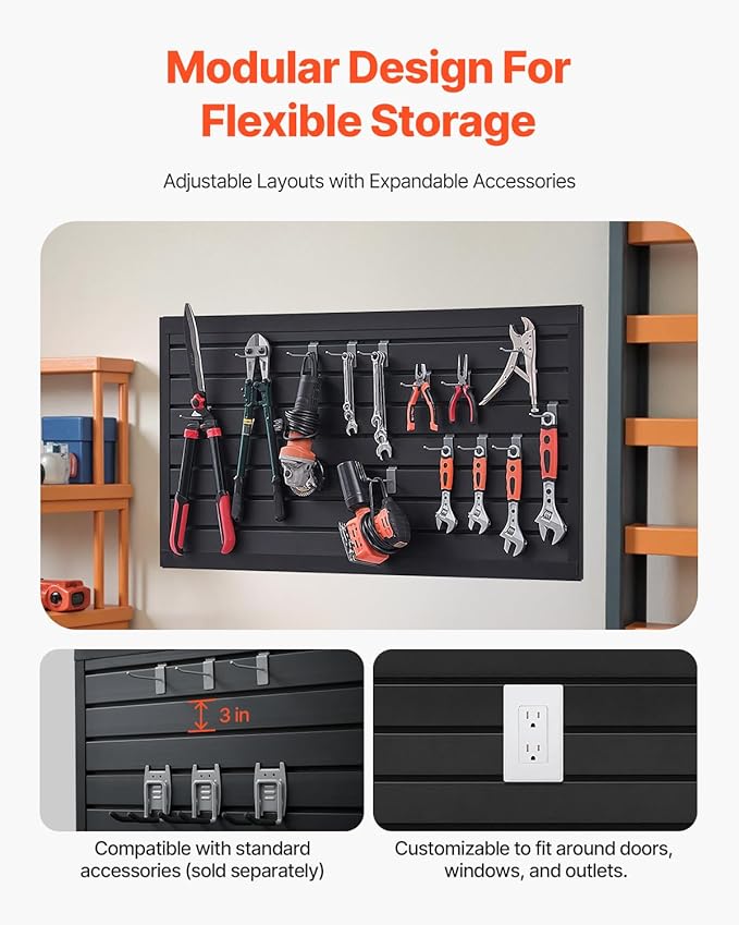 VEVOR Slat Wall Paneling, 2 x 4 ft, PVC Garage Slatwall with Modular Design, Black Slat Wall Easy-to-Install Adjustable Slatwall Panel with Coupling Structure & DIY Cutting, Fits for Storage & Display
