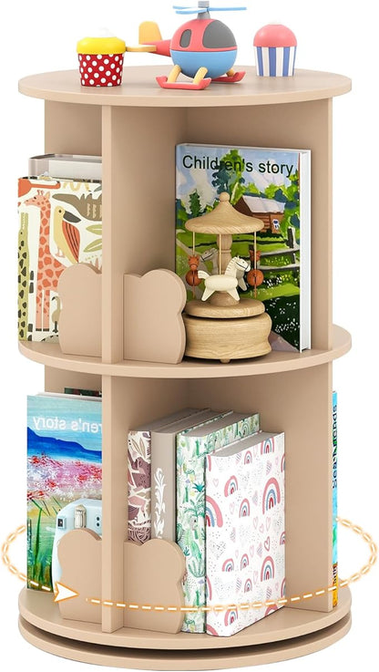 HONEY JOY Kids Rotating Bookshelf, Wooden Spinning Small Corner Organizer w/Baffles, 360°Display Standing Toddler Bookshelf, Narrow Storage Rack, Montessori Book Shelf for Nursery, Playroom (Coffee)