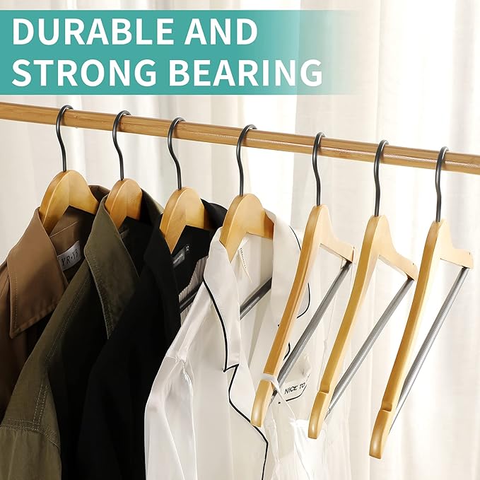Perfecasa Premium Quality Solid Wood Clothes Hangers for Suits and Coats, Smooth Finishes, Non-Slip Pants Bar, 360° Swivel Soft Coated Hooks. Pack of 20(Clear Natural)