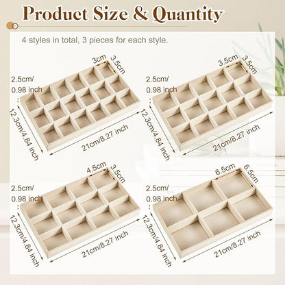 Junkin 12 Pcs Jewelry Tray Velvet Stackable Jewelry Organizer Trays Divided Earring Accessories Storage Containers Box (Rose Red)