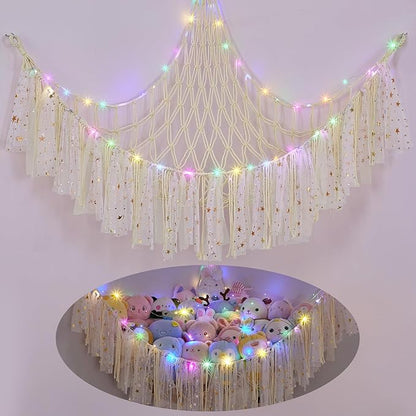 FIOBEE Stuffed Animals Net or Hammock with LED Light, Toy Hammock Hanging Stuffed Animals Storage Organizer Holder Room Décor for Nursery Kids Bedroom