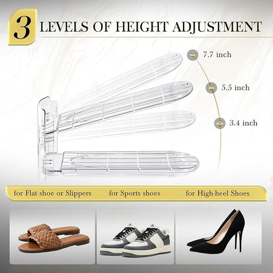 Shoe Slots Organizer 10 Pack - Shoe Stackers,3 Levels Adjustable,Space Savers 50%,Double Layer Holders for Closet (Transparent),Organizador de Zapatos