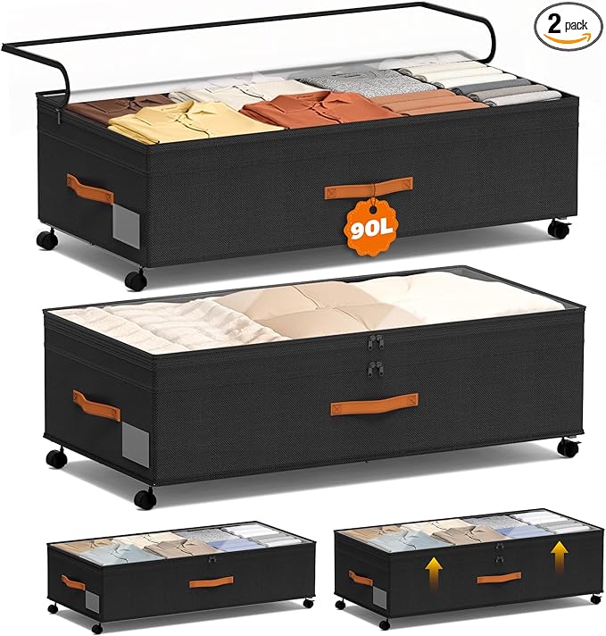 Under Bed Storage, 35.5 inches Under Bed Storage with Wheels, Large Capacity UnderBed Containers with Clear Lids, 2Pcs Rolling Under the Bed Storage for Clothes, Shoes, Blankets (Deep Black)