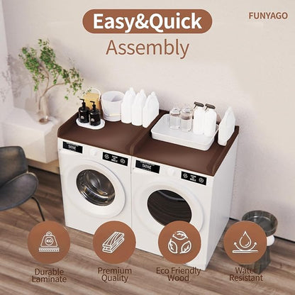 Washer Dryer Countertop with Shelf, 54" x 27" Wooden Laundry Countertop with 2 Hooks & Non-Slip Pads, Washer and Dryer Covers for The Top (Black)
