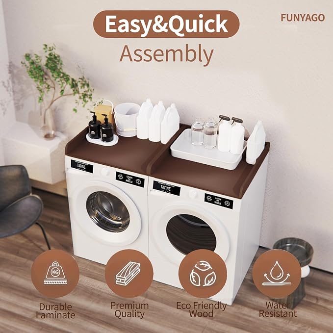 Washer Dryer Countertop with Shelf, 54" x 27" Wooden Laundry Countertop with 2 Hooks & Non-Slip Pads, Washer and Dryer Covers for The Top (Black)