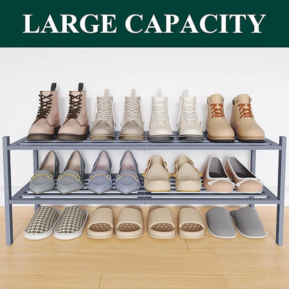 Smiry Long Bamboo Shoe Rack 2-Tier, Stackable Wooden Shoe Organizer for Entryway & Closet, Free Standing Wood Shoe Storage Shelf for Front Door & Small Spaces, Grey