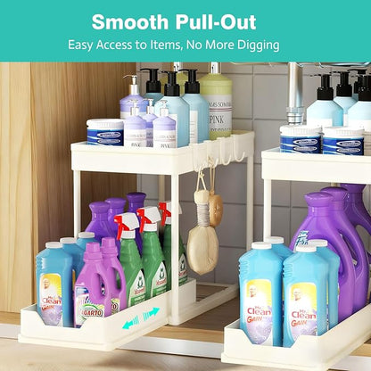 Under Sink Organizers and Storage 2 Pack, Pull-Out Sliding Cabinet Organizer with 2-Tier Storage Shelf & 4 Hooks, Multi-Purpose for Kitchen & Bathroom (13 Inch, White)