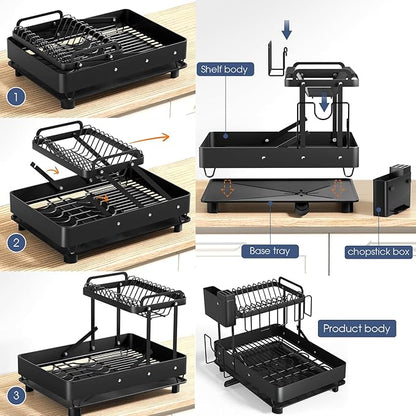 YEYPOP Dish Drying Rack for Kitchen Counter, Stainless Steel 2 Tier Dish Rack w Drainboard, Foldable 360° Rotatable & Expandable Drainer, Space-Saving Dish Strainers for Kitchenware
