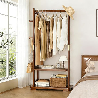 Solid Wood Clothes Rack with 2 Shelves & 4 Hooks for Hanging Clothes Garment Wallets Hats, Clothing Rack Heavy Duty Coat Rack Freestanding with Storage Hall Tree for Hallway Bedroom Living Room